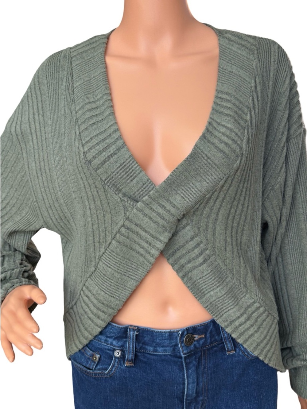 Source Unknown Olive Green Ribbed Crossover V-Neck Sweater